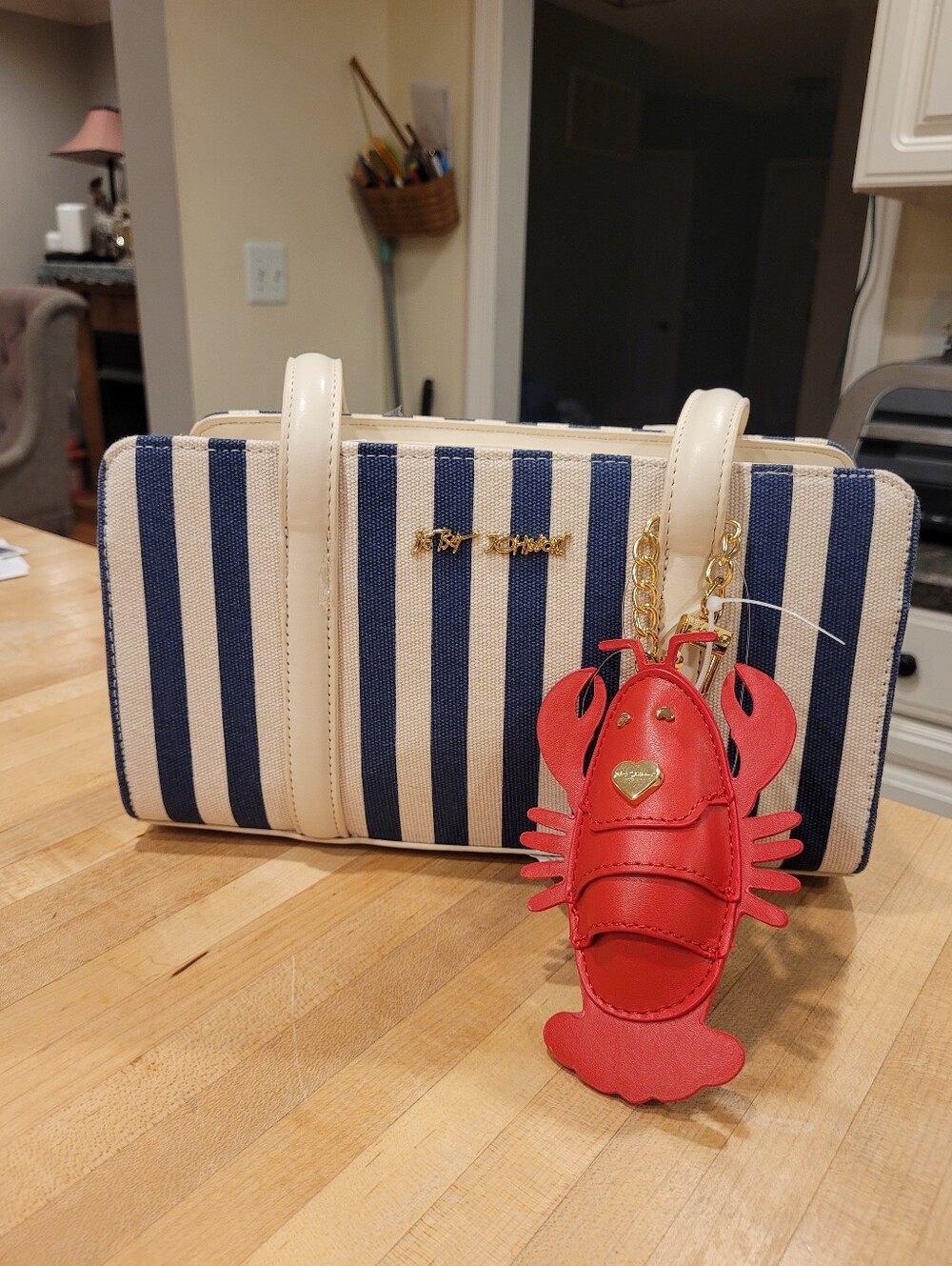 NEW Betsey Johnson Nautical Stripe Handbag with Red Lobster Charm